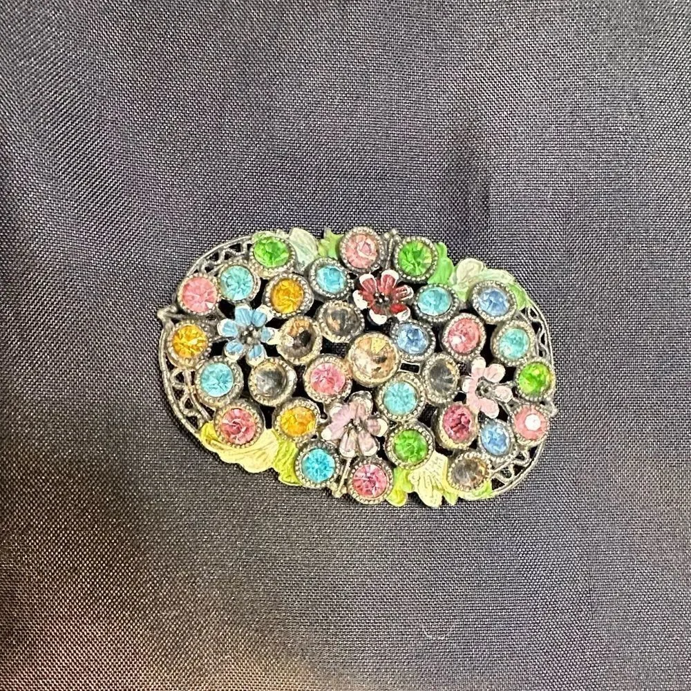Vintage 1940’s Little Nemo Rhinestone and Painted Floral Brooch